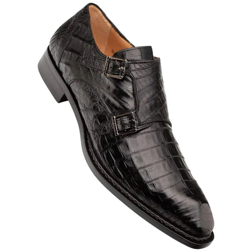 Mezlan Doyers Black crocodile double monk strap shoe showing dual buckle straps, angled view