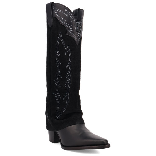 Wild Fire Black with White Embroidery Cuffed Snip Toe Women Leather Boot | Dingo Western Cowgirl Boots