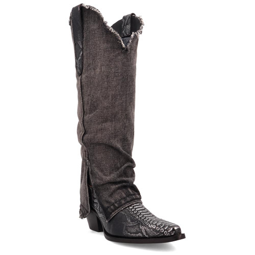 Shabby Black Leather Denim Fold-Over Animal Print Snip Toe Women Boot | Dingo Western Cowgirl Boots