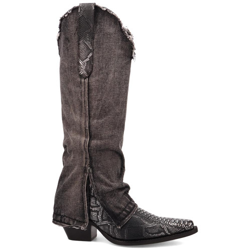 Shabby Black Leather Denim Fold-Over Animal Print Snip Toe Women Boot | Dingo Western Cowgirl Boots