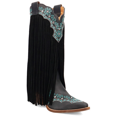 Tequila Sunrise Suede Black with Turquoise Embroidered Fringe Snip Toe Women Boot | Dingo Western Cowgirl Boots