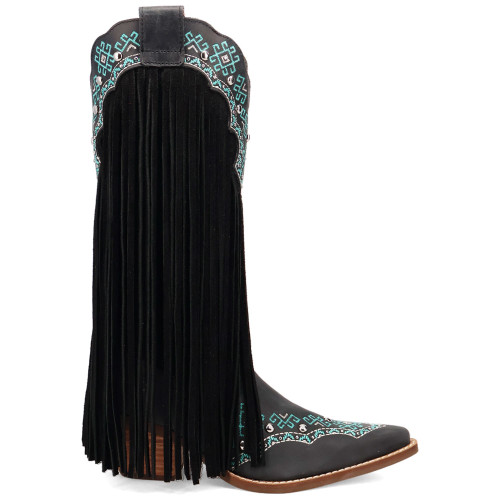 Tequila Sunrise Suede Black with Turquoise Embroidered Fringe Snip Toe Women Boot | Dingo Western Cowgirl Boots