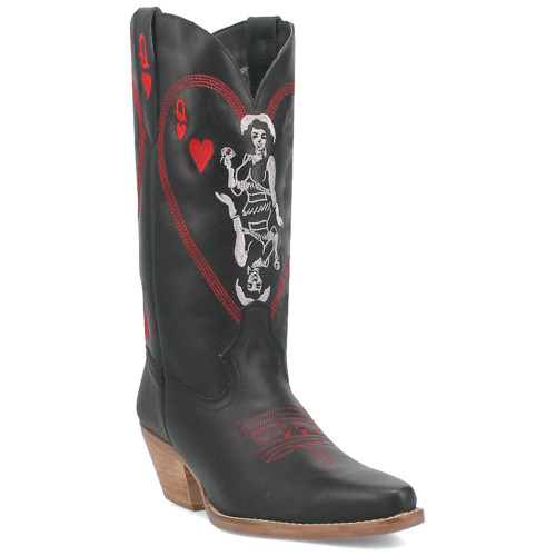 Queen A Hearts Black Leather with Red Embroidered Narrow Toe Women Boot | Dingo Western Cowgirl Boots