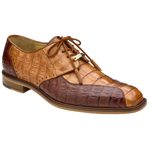 Belvedere Men’s Domenico Genuine Caiman Saddle & Brown Brogue Lace-Up Derby Shoes