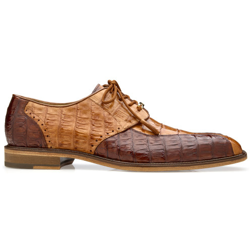 Belvedere Men’s Domenico Genuine Caiman Saddle & Brown Brogue Lace-Up Derby Shoes