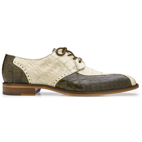 Belvedere Men’s Domenico Bone & Olive Genuine Caiman Brogue Lace-Up Derby Shoes