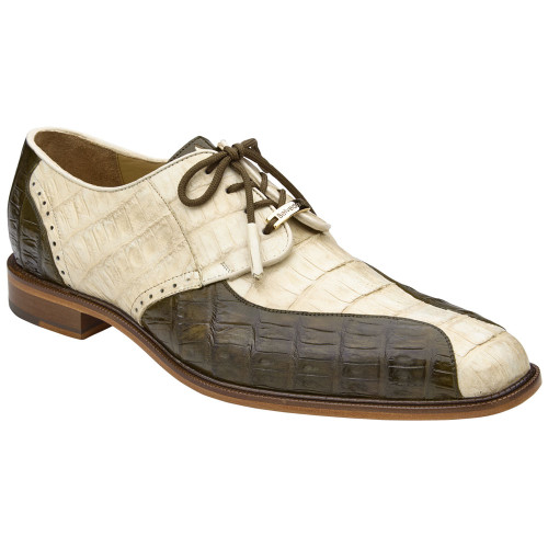 Belvedere Men’s Domenico Bone & Olive Genuine Caiman Brogue Lace-Up Derby Shoes