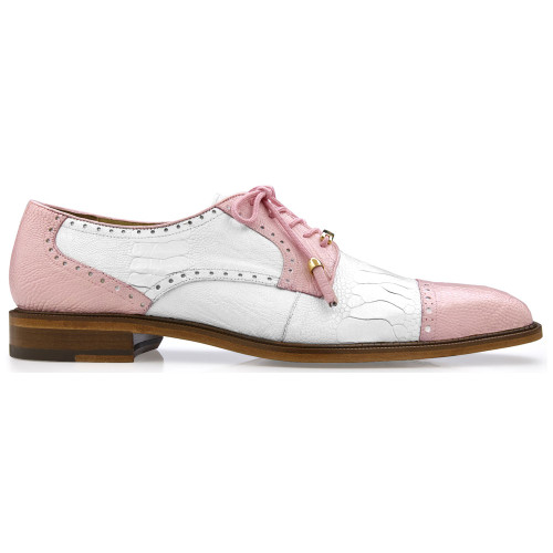 Belvedere Men’s Batta Genuine Ostrich Leg Pink & White Cap Toe Lace-Up Derby Shoes
