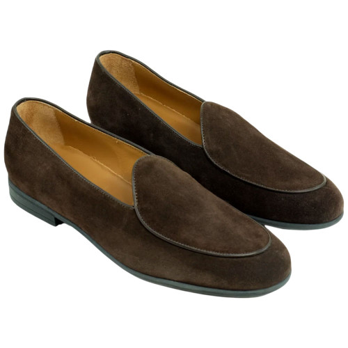 lan Payne Primo dark brown Italian suede Belgian loafer, pair, 3/4 view