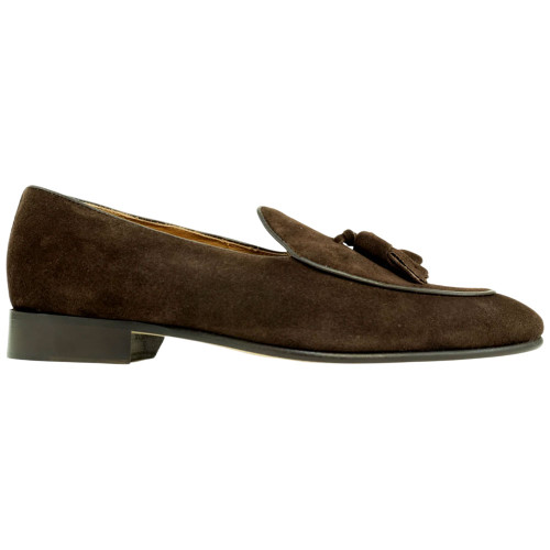 Side profile of dark brown tassel loafer showing drop-tassel detail and suede nap