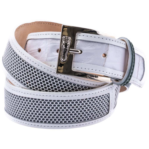 MAURI Men’s Green White Signature Buckle Luxury Leather Belt
