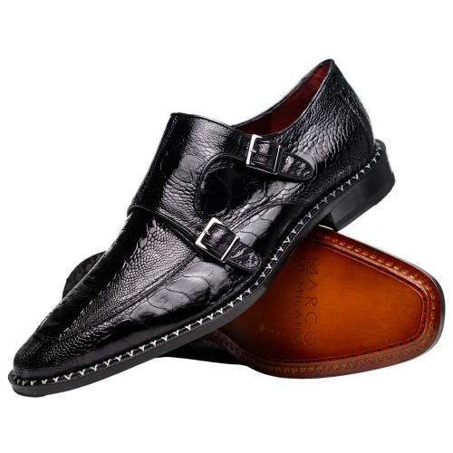 Marco Di Milano Men’s Black Ostrich Leg Double Monk Strap Shoe NAPOLI