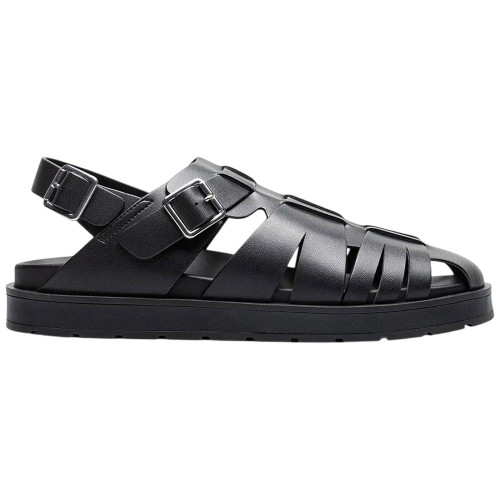Men's Stacy Adams Largo slingback buckle sandal in black with a burnished smooth man-made upper.