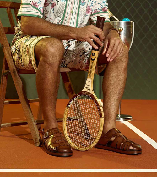 Cognac Stacy Adams Largo men's open-toe slingback sandal featuring an adjustable buckle strap.