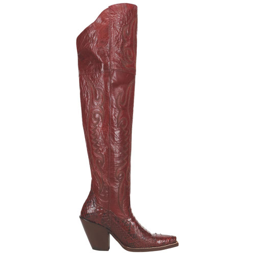Dan Post Calvera women's red python boot side view showing 23 inch shaft and high fashion heel