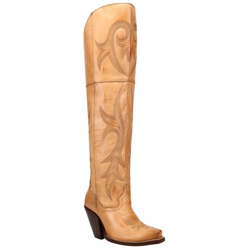 Dan Post Jilted women's light tan distressed leather over-the-knee boot, 45 degree angle view
