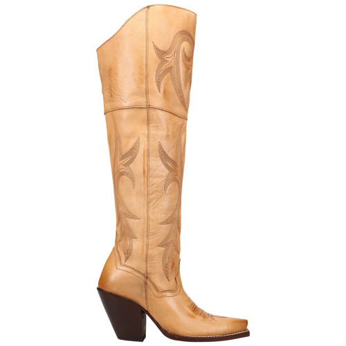 Dan Post Jilted women's light tan boot side view showing 20 inch shaft and high fashion heel