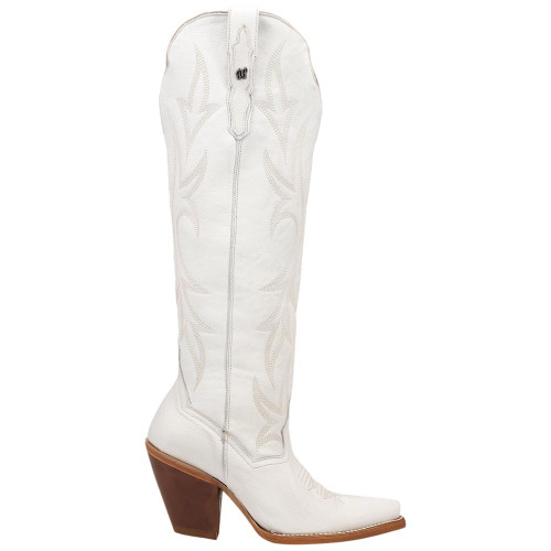 Dan Post Blissful Beauty women's white leather boot side view showing 18 inch shaft and high fashion heel