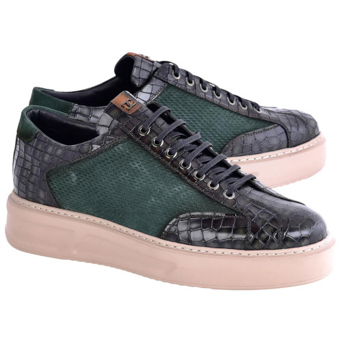 Corrente Men's Croco-Print Suede Fashion Sneaker in Green – side profile view showing croco print texture