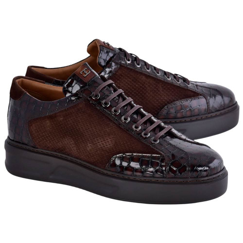 Corrente Men's Croco-Print Suede Fashion Sneaker in Brown – side profile view showing croco print texture