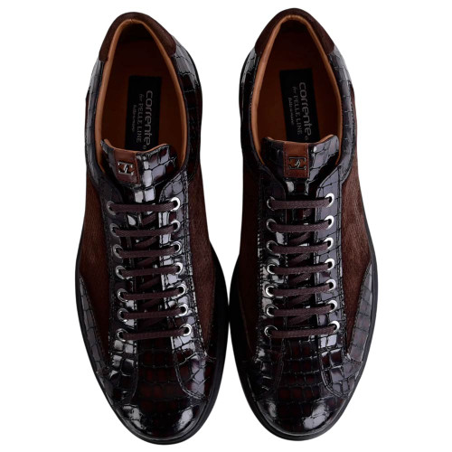 Corrente Men's Croco-Print Suede Fashion Sneaker in Brown – top view of vamp