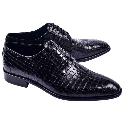 Corrente Men's Croco-Print Calfskin Derby in Black – side profile view showing croco print texture