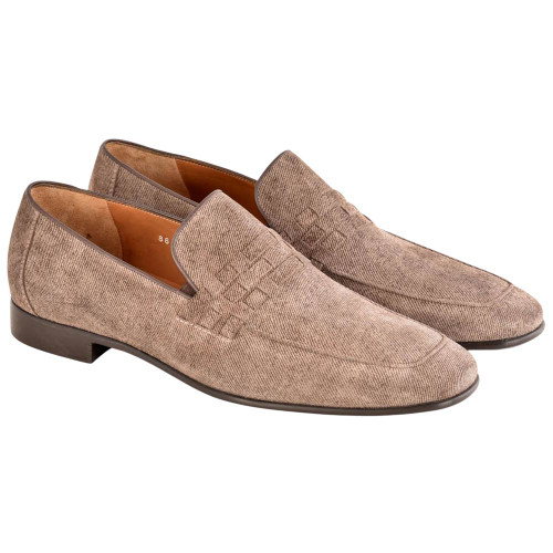 Corrente Men's Denim Leather Loafer in Brown – side profile view showing denim texture