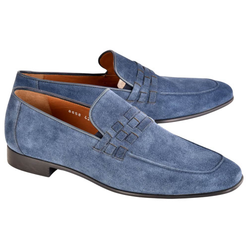 Corrente Men's Denim Leather Loafer in Denim Blue – side profile view showing denim texture