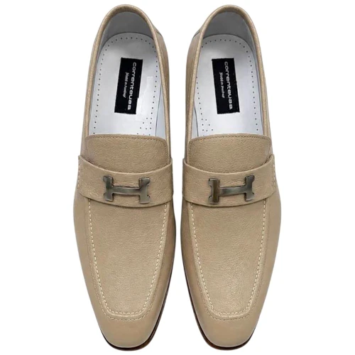 Corrente Men's Vita Calf Skin H-Buckle Loafer in Beige – top view of vamp