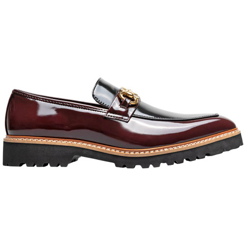 Side profile of the Stacy Adams Carabello Moc Toe Bit Slip-On in Burgundy Multi showing the moc toe seam