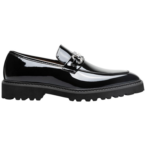 Side profile of the Stacy Adams Carabello Moc Toe Bit Slip-On in Black Patent showing the moc toe seam