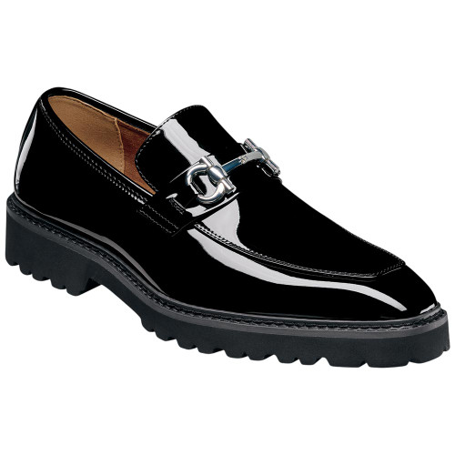 Stacy Adams Carabello Moc Toe Bit Slip-On in Black Patent, front view showing full slip-on silhouette