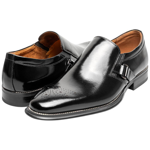 Stacy Adams Alistair slip-on in Black, angled view highlighting the elegant perfing detail