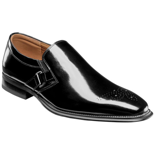 Stacy Adams Alistair Plain Toe Ornament Slip-On in Black, front view showing full slip-on silhouette