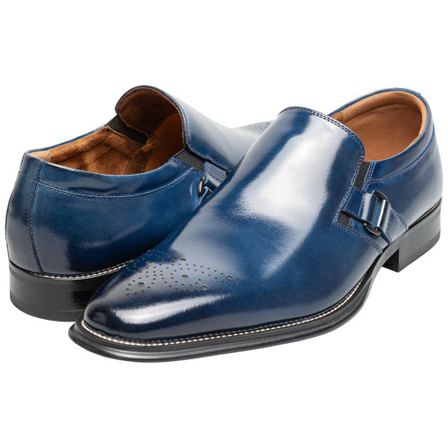 Stacy Adams Alistair slip-on in Cobalt, angled view highlighting the elegant perfing detail