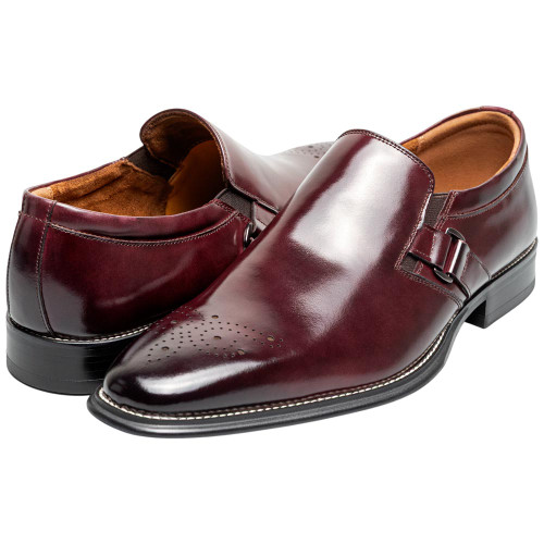 Stacy Adams Alistair slip-on in Burgundy, angled view highlighting the elegant perfing detail