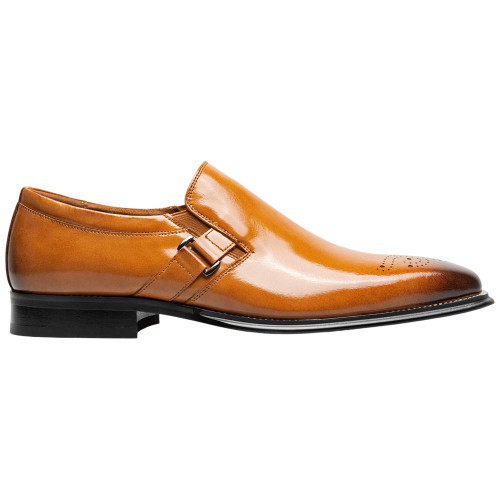 Side profile of the Stacy Adams Alistair Plain Toe Ornament Slip-On in Tan showing the vamp