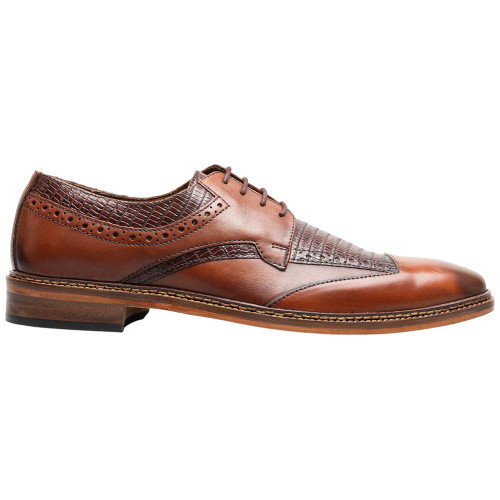 Side profile of the Stacy Adams Gambetta Modified Cap Toe Oxford in Cognac showing the cap toe seam
