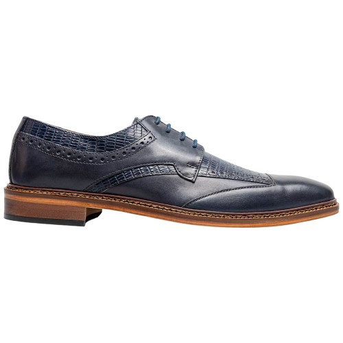 Side profile of the Stacy Adams Gambetta Modified Cap Toe Oxford in Navy showing the cap toe seam