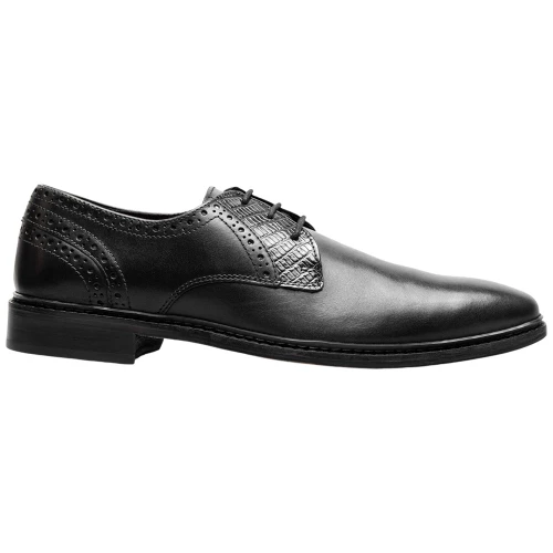 Side profile of the Stacy Adams Giorgetti Plain Toe Oxford in Black showing the lace panel and eyelets