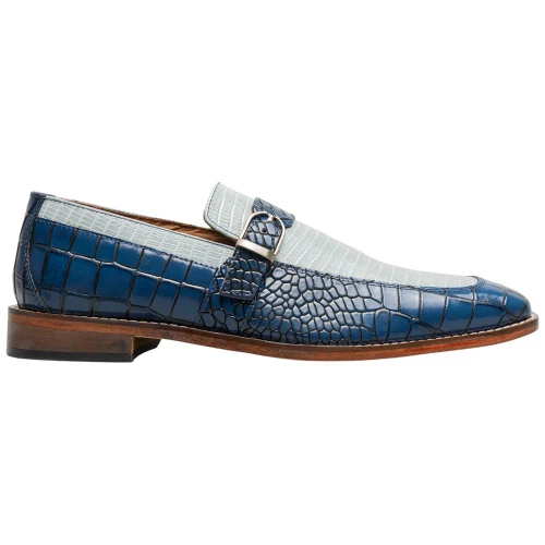 Stacy Adams Rubiano slip-on in Dark Blue Multi, angled view highlighting the buckle strap detail