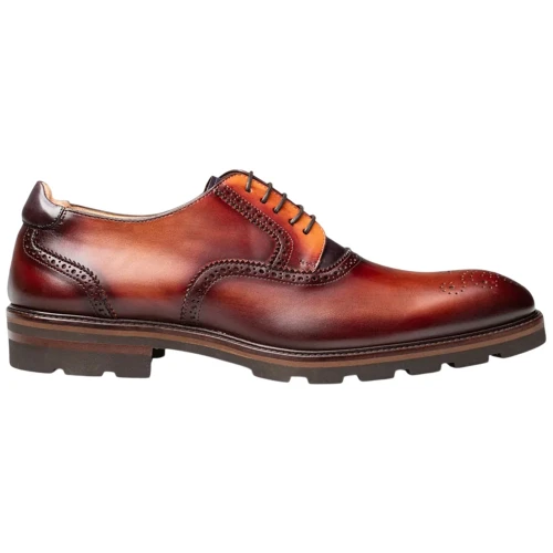 Mezlan Birch Two-Tone Lug Sole Derby in Cognac Rust/Purple – side profile view
