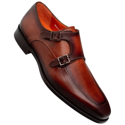 Mezlan Berkshire Double Monk Strap in Cognac/Rust – angled profile view