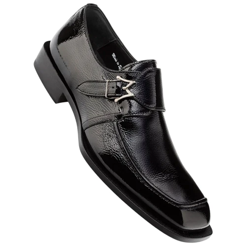 Mezlan Afton Textured Shiny Calf Monk in Black – top angle profile view