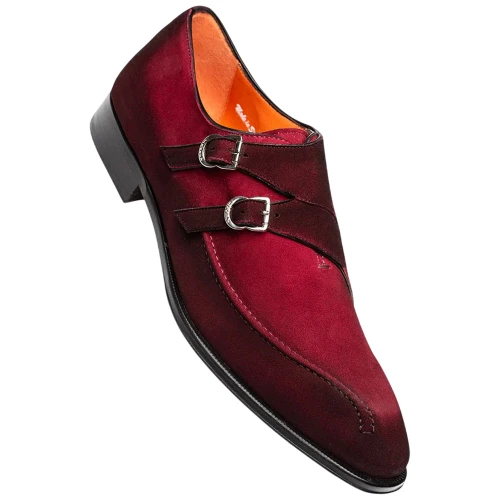 Mezlan Cascade Suede Double Monk Strap in wine – angled profile view