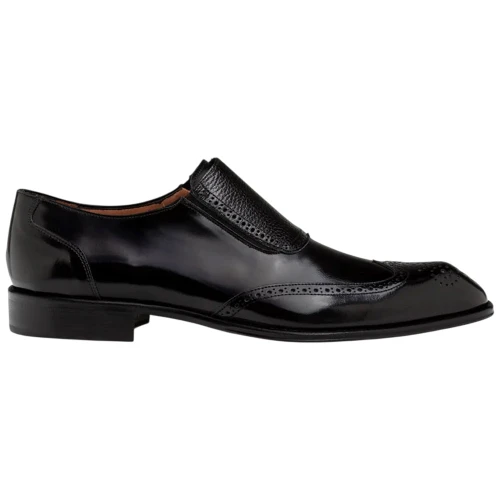 Mezlan Liberty II Shiny Calf Wing Tip Medallion Slip On in Black – side profile view