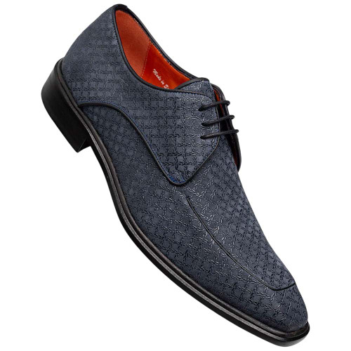 Mezlan Montage Printed Suede Derby in Blue – angled view