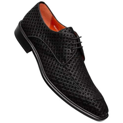Mezlan Montage Printed Suede Derby in Black – angled view