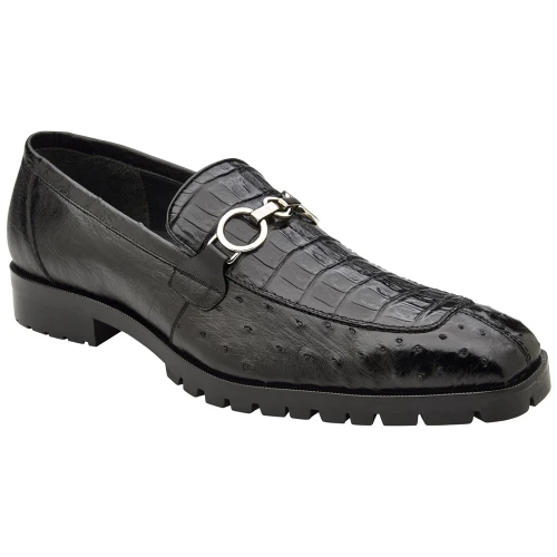 Belvedere Corso black exotic loafer 45 degree angle view showing caiman and quill texture