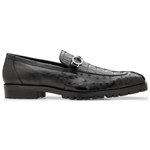 Belvedere Corso black genuine caiman and ostrich quill loafer side profile